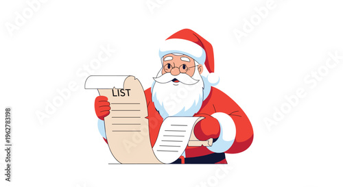 Santa Claus character in a red suit wearing glasses and reading a long scroll list of names for Christmas gift delivery preparations.