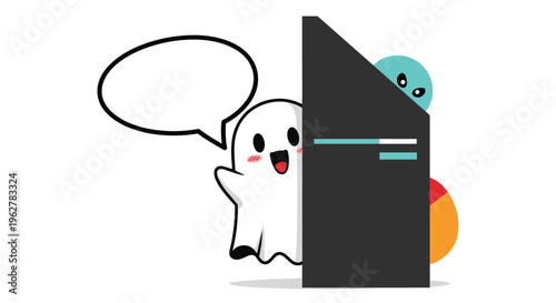 Adorable white ghost character peeking out from behind a dark grey rectangular block with a blank speech bubble for custom text.