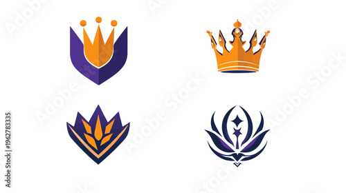 Four stylized crown emblems, in gold and purple, arranged on a white background