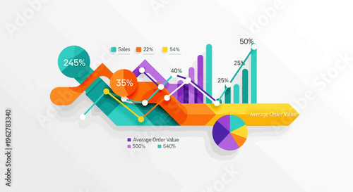 Infographic elements, colorful charts, graphs, and icons, business data visualization tools, vector graphics