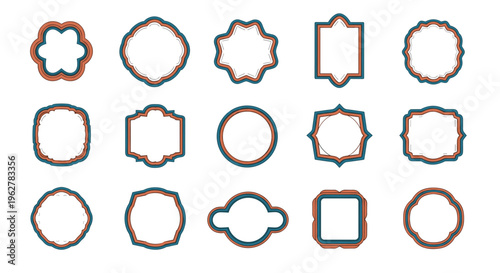 Set of fifteen colorful label frames and decorative borders with multi layered edges in shades of brown, blue, and white for branding.