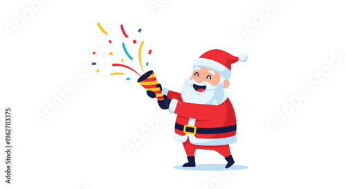 Cheerful santa claus celebrating with a colorful party popper and flying confetti while standing on a clean white background.