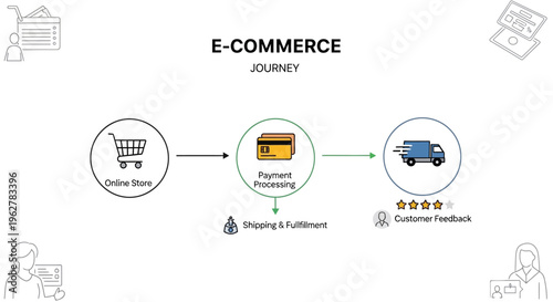 E-commerce journey, online shopping process, payment processing, customer feedback, business workflow