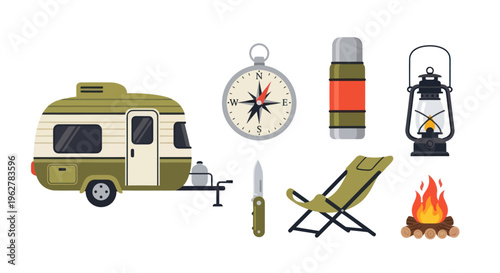 Green camper van with travel accessories.