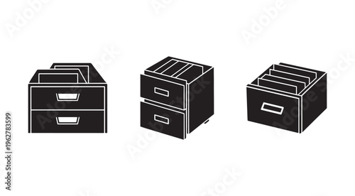 Three black and white file cabinet icons with drawers and handles in different perspectives for business and office organization needs  simple line art style