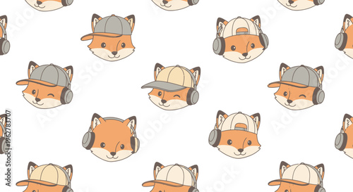 Cute cartoon fox faces with hats.