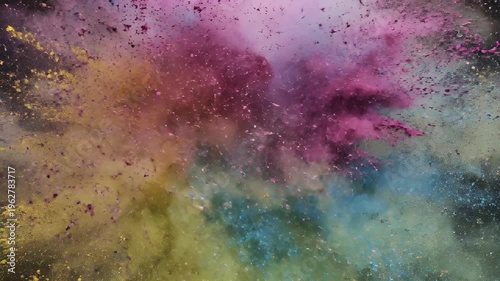 Explosive burst of vibrant, colored powder clouds against a dark background