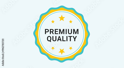 Premium quality guarantee badge with stars and a scalloped blue and yellow border for product certification and customer trust.