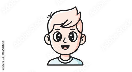 Smiling cartoon boy with short hair.