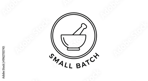 Small batch artisanal product logo featuring a mortar and pestle line art icon inside a circle for handmade and natural branding.