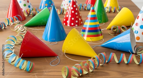 Colorful Party Hats and Streamers on Wooden Surface.