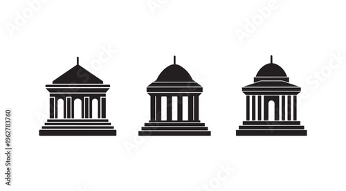 Three black and white icons of ancient buildings with columns and domes  architectural symbols