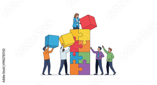 People working together with puzzle pieces.