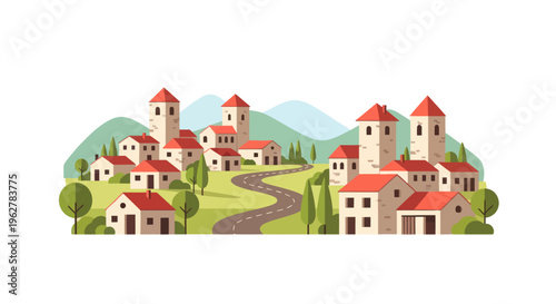 Houses with red roofs in village.