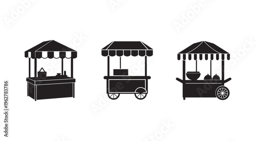 Three black and white food carts with awnings on white background for market or festival concepts