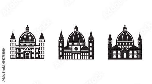 Three black and white illustrations of famous cathedral buildings with domes and spires  architectural landmarks  isolated on white background