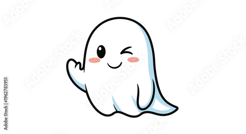 Adorable white ghost character with a winking face and waving hand isolated on a clean white background for halloween decorations.