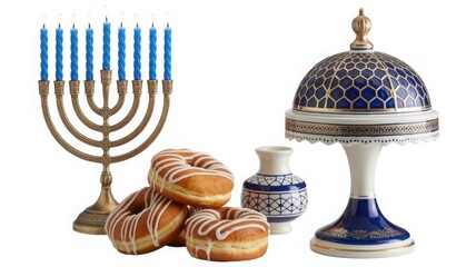 A festive hanukkah arrangement featuring a traditional nine branched menorah with bright blue candles glowing softly alongside a delicious stack of freshly baked sweet donuts glazed with white icing p
