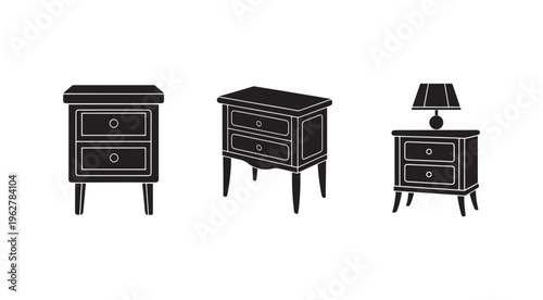 Three black and white nightstand furniture designs with drawers and lamp  modern bedroom dresser silhouettes