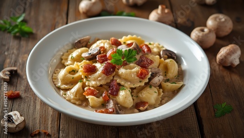Tortelli pasta in a rich mushroom sauce