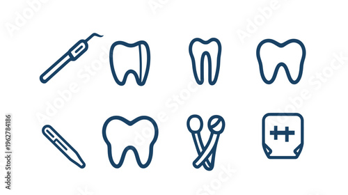 Line drawing of dental tools and teeth with a blue outline on a white background