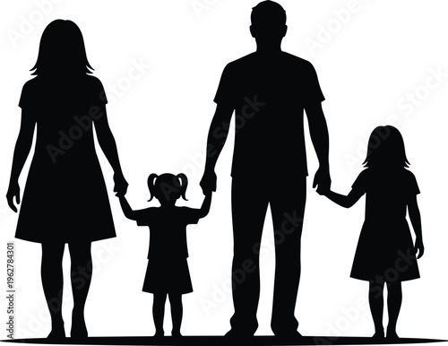 Silhouette of family holding hands, father mother and two daughters walking together.