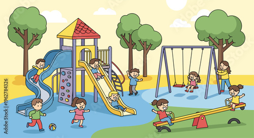 Children playing on colorful playground equipment slides swings seesaw.