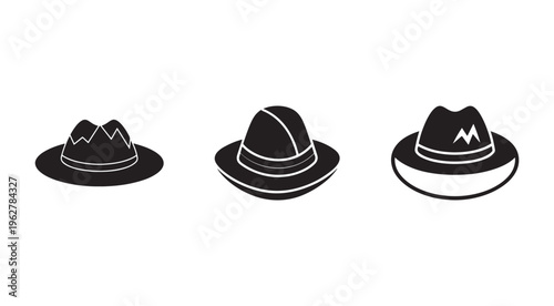 Three black and white silhouette hats with different shapes and designs on white background  simple iconic illustrations