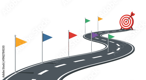 Winding asphalt road with colorful marker flags leading towards a red bullseye target representing the journey to business success.