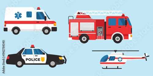 Set of emergency service vehicles including ambulance police car fire truck and helicopter.