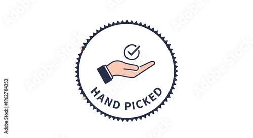 Round seal design featuring an illustration of a hand presenting a checkmark icon with the text hand picked for quality assurance.