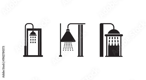 Three black and white shower head icons with different designs and water flow patterns on transparent background