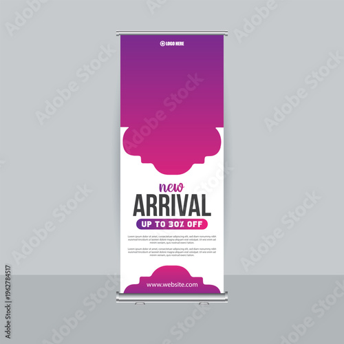 New arrival roll up banner template with purple wavy design