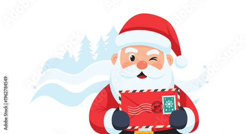 Jolly illustration of Santa Claus wearing a red hat and winking while holding a red envelope with stamps against a snowy forest.