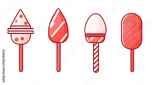 Four cartoonish, red and white lollipops of varying shapes, isolated on white background