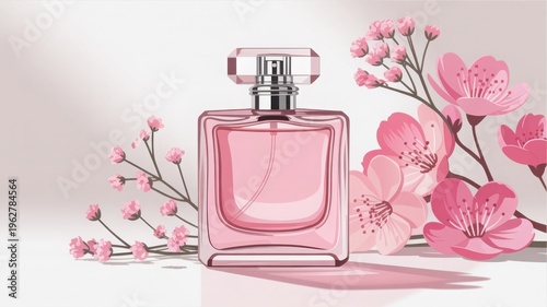 A beautiful square glass perfume bottle filled with a delicate light pink fragrance essence sits gracefully upon a soft surface surrounded by lovely blooming cherry blossom flowers and tiny clusters o