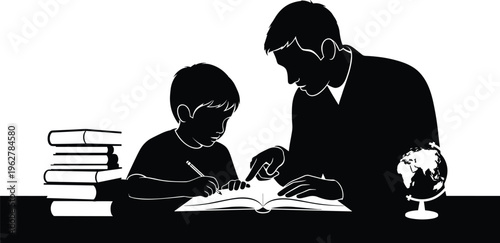 Father teaching son to do homework with books and globe at table.