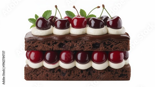 A decadent rectangular slice of rich layered black forest gateau featuring moist dark chocolate sponge cake alternating with thick bands of whipped white cream and generous amounts of whole glossy red