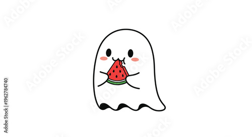 Adorable cartoon illustration of a small white ghost character enjoying a delicious slice of red watermelon on a plain background.