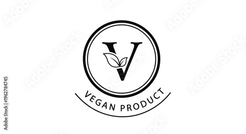 Minimalist round seal design for vegan products featuring a stylized letter V decorated with small leaves for plant based branding.