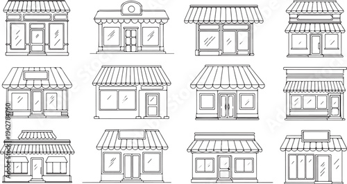 Variety of storefronts and awnings in simple line drawings