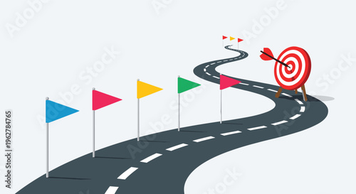 Curvy asphalt road marked with several colorful flags winding through a light grey space towards a red target representing business goals.