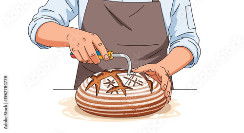 Baker decorating artisan bread with scoring pattern.