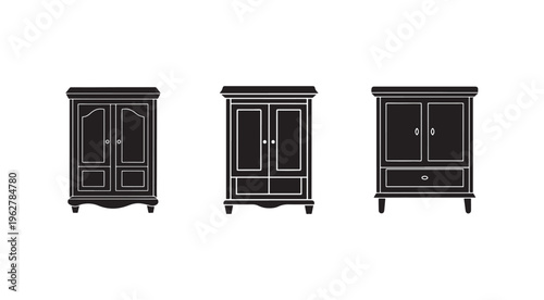 Three black and white wardrobe armoire cabinet furniture silhouettes with two doors and drawers in different styles for home decor and interior design