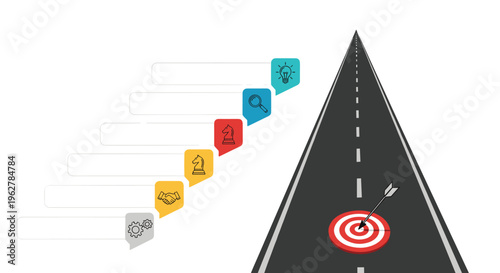 Strategic business infographic showing a long road disappearing into the distance with a target in the foreground and five process steps.