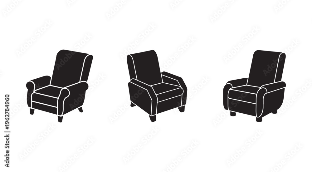 Obraz premium Three black armchairs with white outlines in different angles on white background furniture design elements