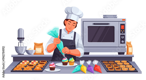 Baker decorating cupcakes with frosting bag.