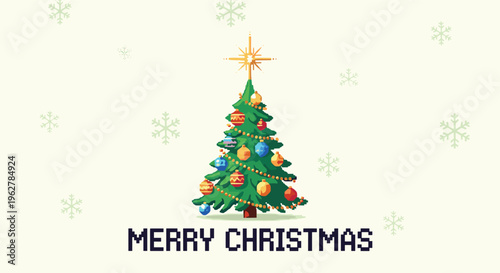 Beautiful pixel art illustration of a decorated Christmas tree with various ornaments and a glowing star with the text merry christmas.