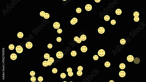 In love emoji flying animation on black background . Face with heart eyes emoji icon reaction for social media