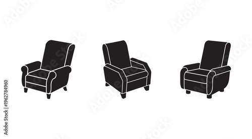 Three black armchairs with white outlines in different angles on white background  furniture design elements